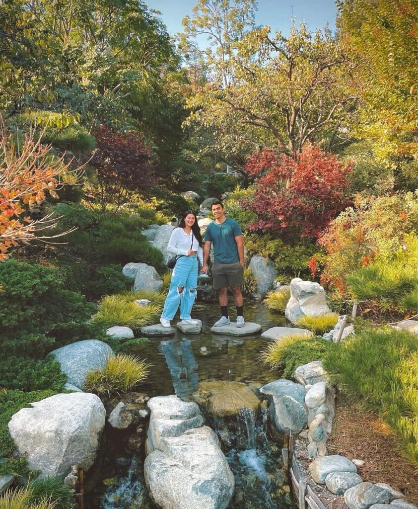 two people standing on rocks in the middle of a creek surrounded by lush trees